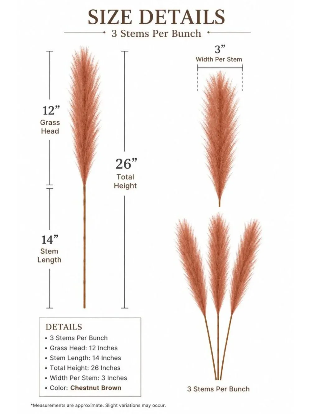 Faux Pampas Grass 3 Stems Chestnut Brown 26 Inch Artificial